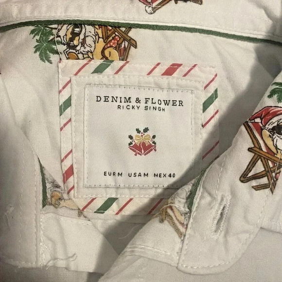 NWT Denim and Flower Short Sleeve Men's Size Med Button Up with Santa Chillin - Picture 7 of 14